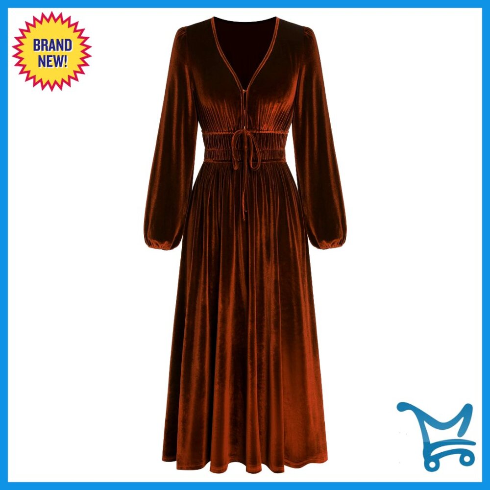 Velvet Long Sleeve V-Neck Midi Dress Elegant Semi Formal Wedding Guest